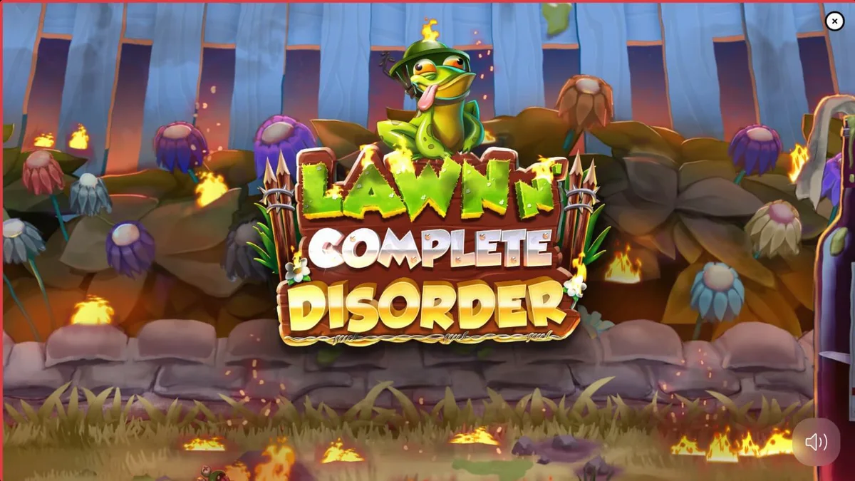 Tampilan visual slot Lawn N’ Complete Disorder dengan tema taman yang terbakar