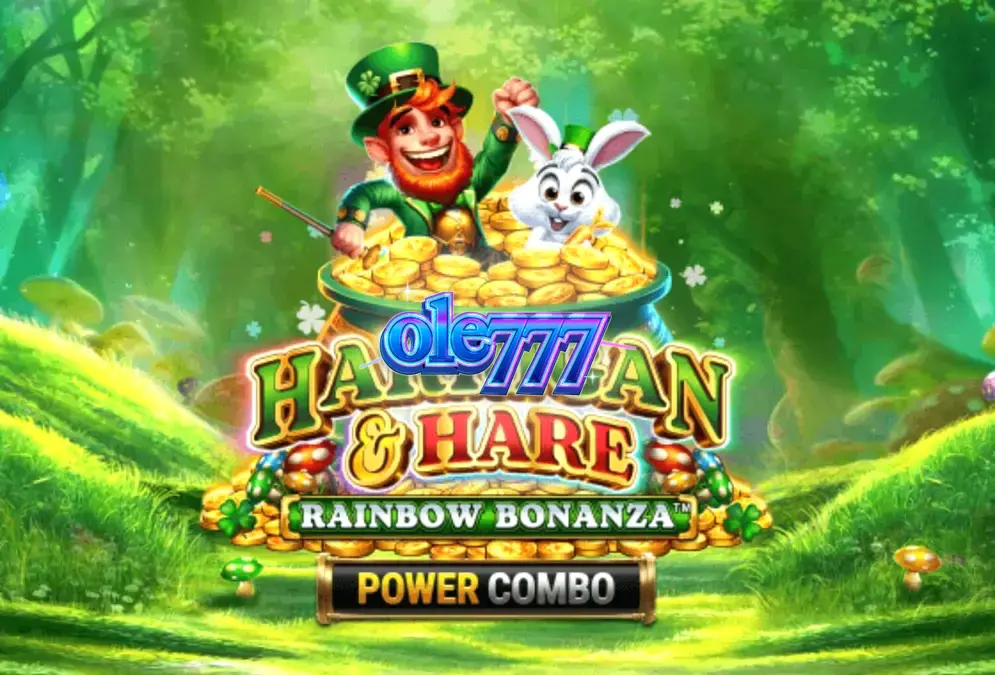 Tampilan visual slot Harrigan & Hare Rainbow Bonanza Power Combo dengan latar belakang perbukitan Irlandia yang hijau dan ceria.
