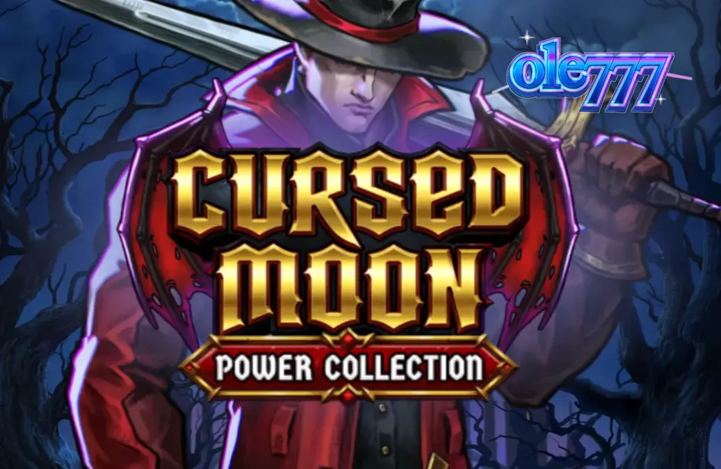 Pemandangan atmosferik dari slot Cursed Moon Power Collection yang menampilkan pemburu monster di hutan gothic.